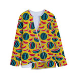 Yellow Watermelon Pieces Pattern Print Long Sleeve Short Coat