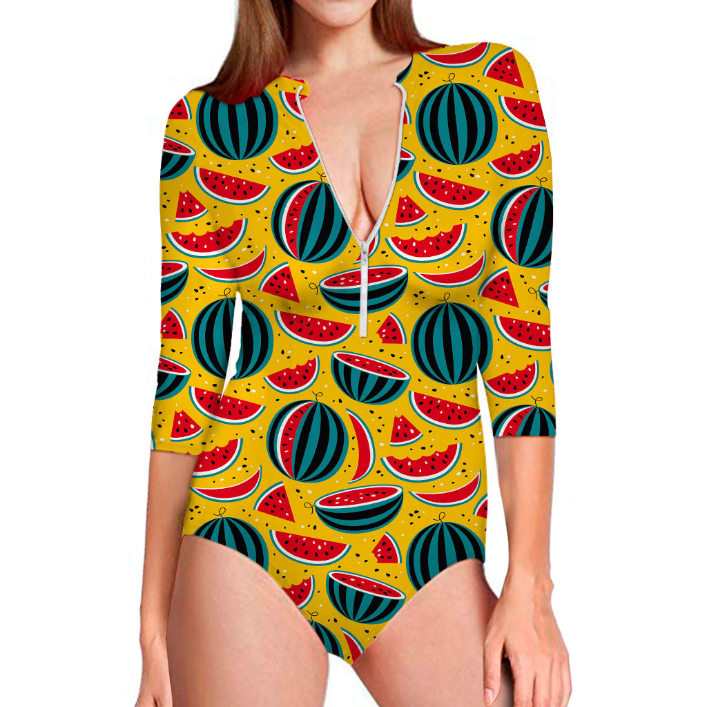 Yellow Watermelon Pieces Pattern Print Long Sleeve Swimsuit
