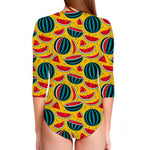 Yellow Watermelon Pieces Pattern Print Long Sleeve Swimsuit