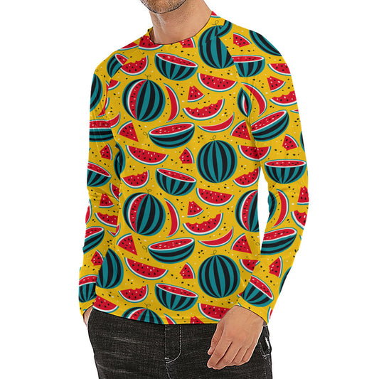 Yellow Watermelon Pieces Pattern Print Men's Long Sleeve Rash Guard
