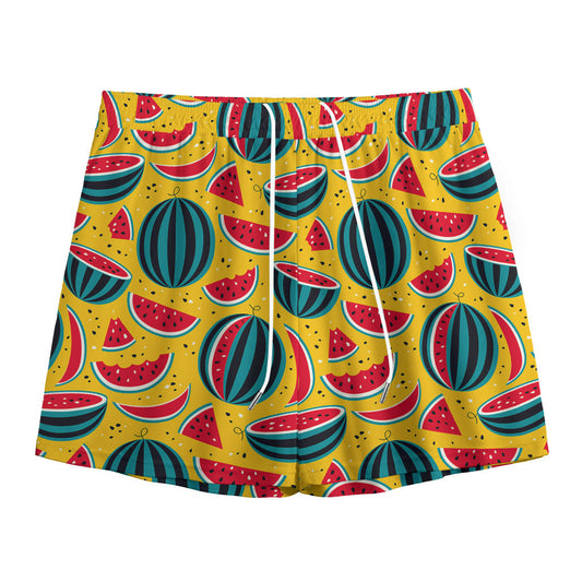 Yellow Watermelon Pieces Pattern Print Mesh Shorts