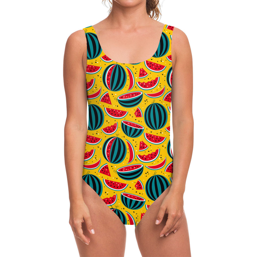 Yellow Watermelon Pieces Pattern Print One Piece Swimsuit