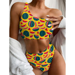 Yellow Watermelon Pieces Pattern Print One Shoulder Bikini Top