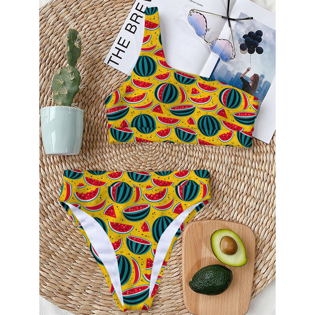 Yellow Watermelon Pieces Pattern Print One Shoulder Bikini Top
