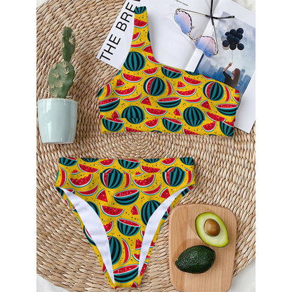 Yellow Watermelon Pieces Pattern Print One Shoulder Bikini Top