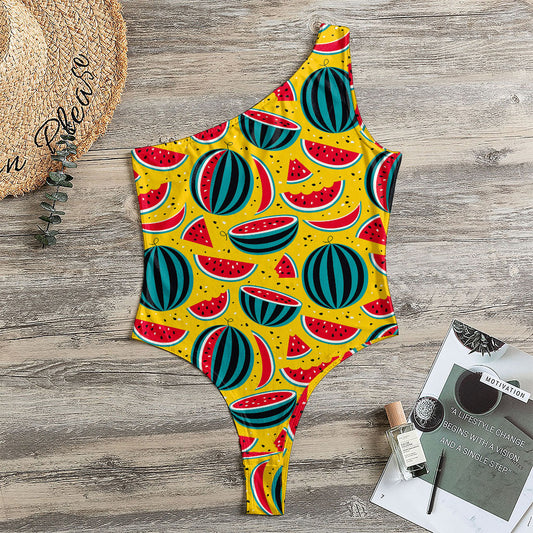 Yellow Watermelon Pieces Pattern Print One Shoulder Bodysuit