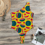 Yellow Watermelon Pieces Pattern Print One Shoulder Bodysuit