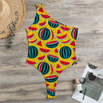 Yellow Watermelon Pieces Pattern Print One Shoulder Bodysuit