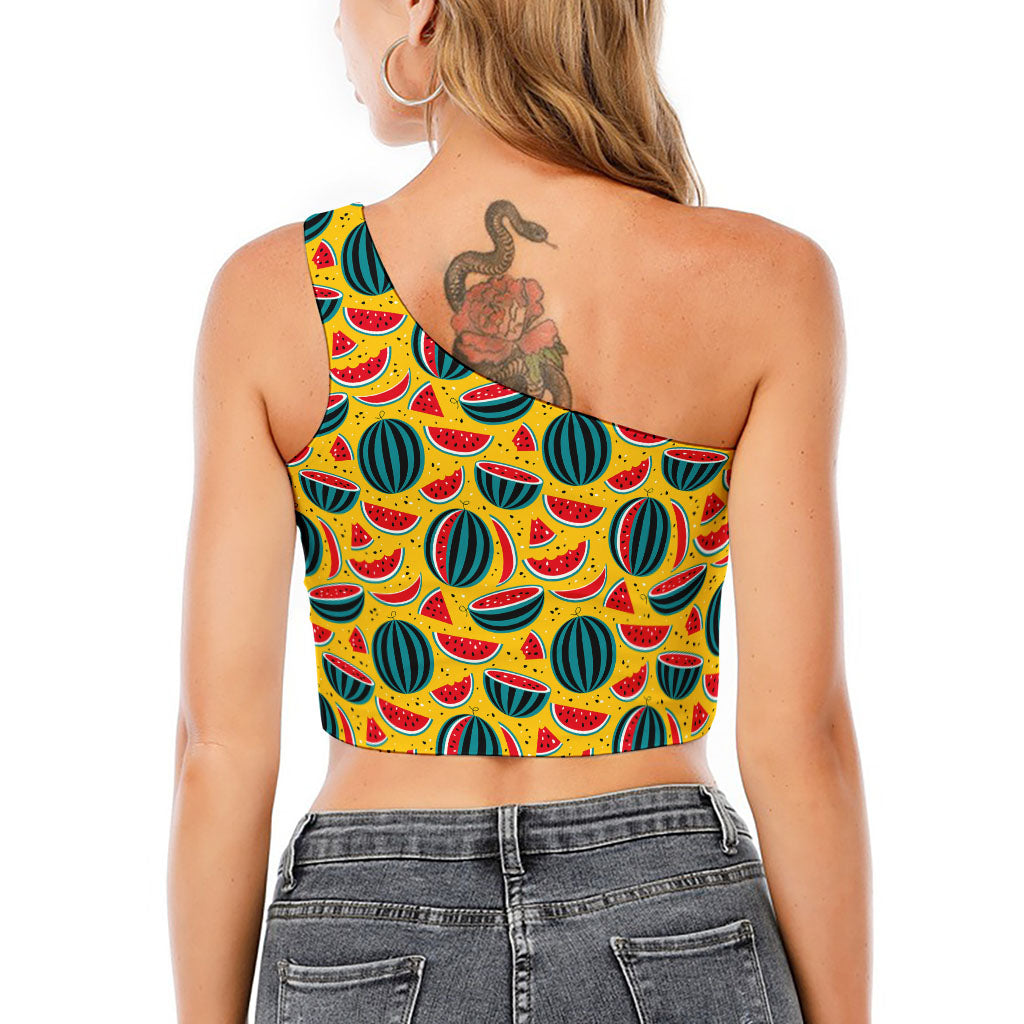 Yellow Watermelon Pieces Pattern Print One Shoulder Crop Top