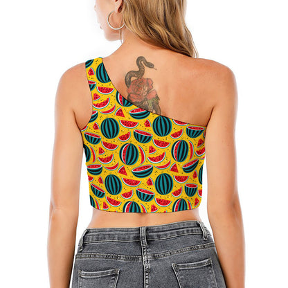 Yellow Watermelon Pieces Pattern Print One Shoulder Crop Top
