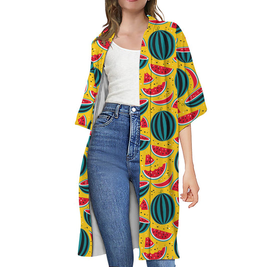 Yellow Watermelon Pieces Pattern Print Open Front Beach Cover Up
