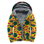 Yellow Watermelon Pieces Pattern Print Sherpa Lined Zip Up Hoodie