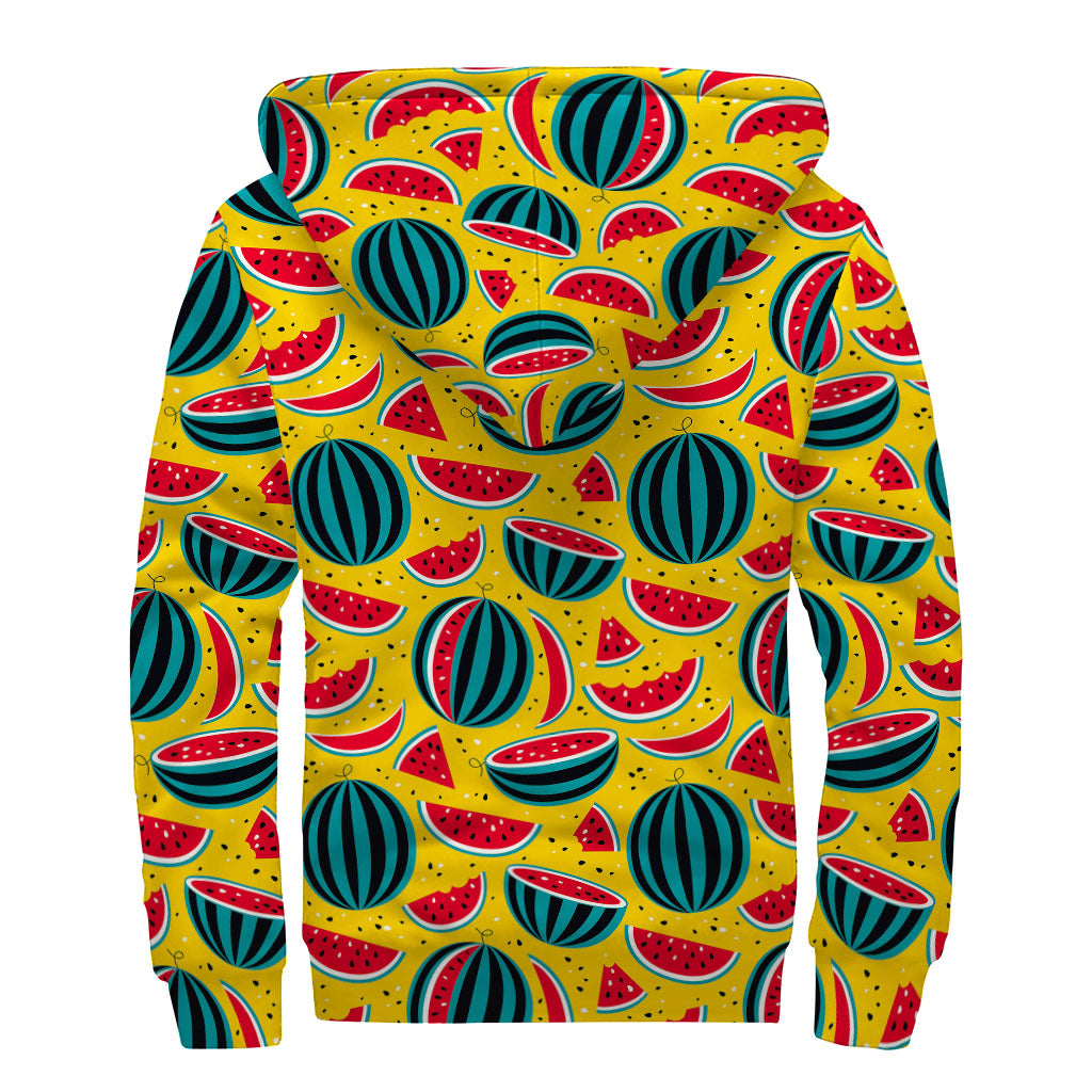 Yellow Watermelon Pieces Pattern Print Sherpa Lined Zip Up Hoodie