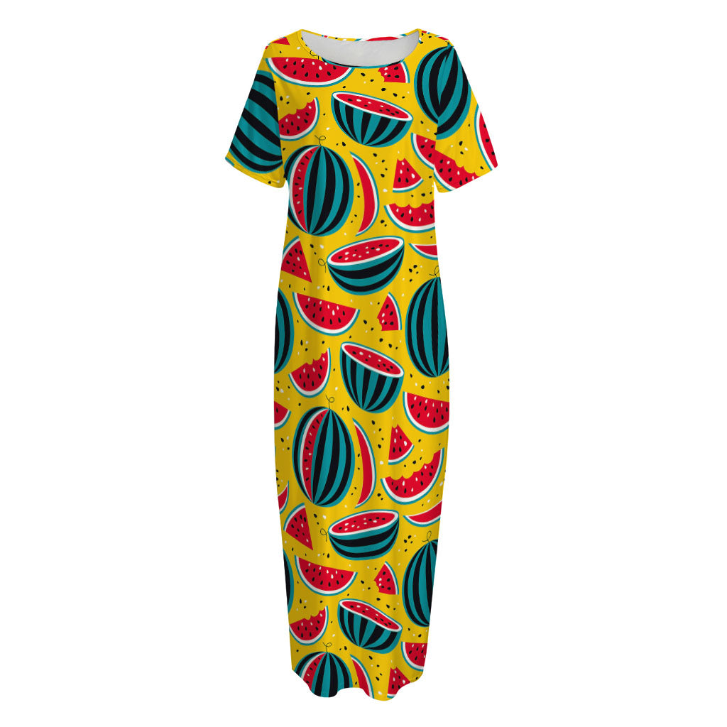 Yellow Watermelon Pieces Pattern Print Short Sleeve Long Nightdress