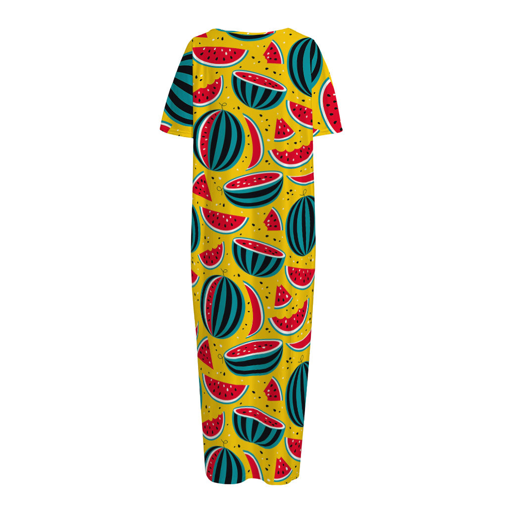 Yellow Watermelon Pieces Pattern Print Short Sleeve Long Nightdress