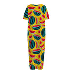 Yellow Watermelon Pieces Pattern Print Short Sleeve Long Nightdress