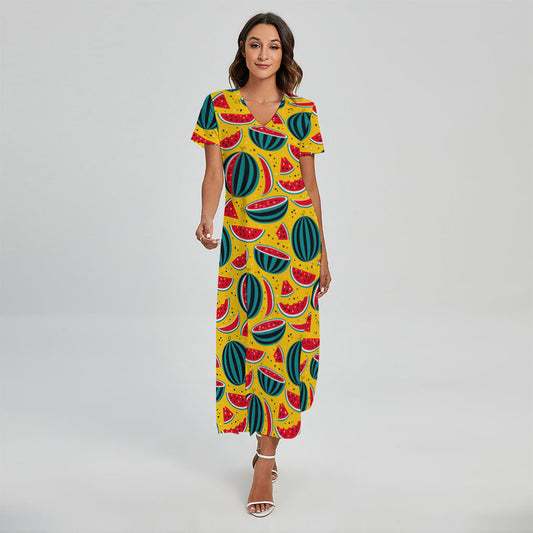 Yellow Watermelon Pieces Pattern Print Short Sleeve Maxi Dress