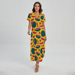 Yellow Watermelon Pieces Pattern Print Short Sleeve Maxi Dress