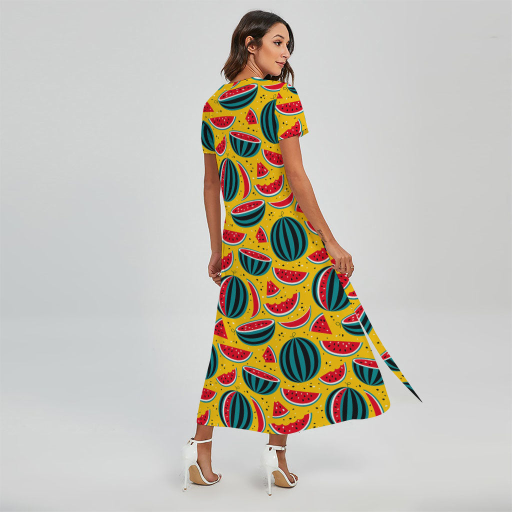 Yellow Watermelon Pieces Pattern Print Short Sleeve Maxi Dress