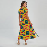 Yellow Watermelon Pieces Pattern Print Short Sleeve Maxi Dress
