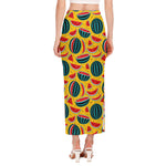 Yellow Watermelon Pieces Pattern Print Side Slit Maxi Skirt