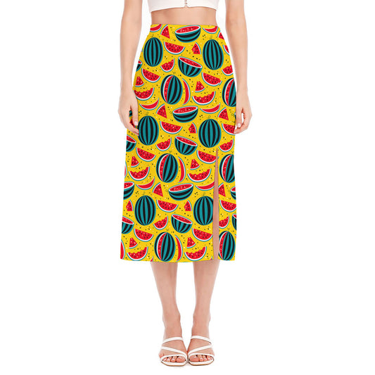 Yellow Watermelon Pieces Pattern Print Side Slit Midi Skirt