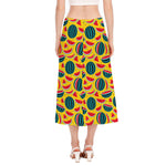 Yellow Watermelon Pieces Pattern Print Side Slit Midi Skirt