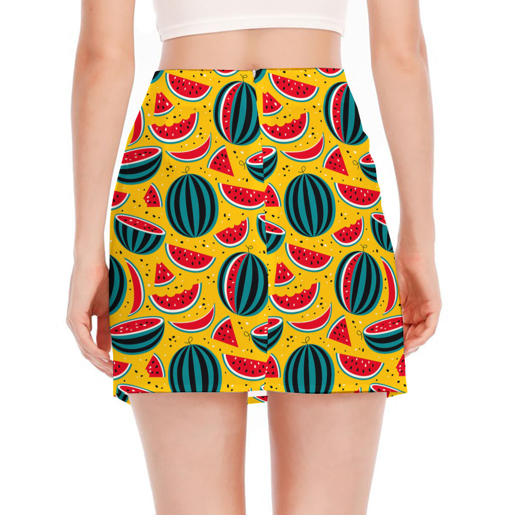 Yellow Watermelon Pieces Pattern Print Side Slit Mini Skirt