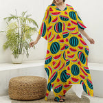 Yellow Watermelon Pieces Pattern Print Silk V-Neck Kaftan Dress