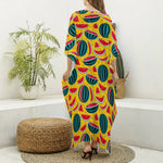 Yellow Watermelon Pieces Pattern Print Silk V-Neck Kaftan Dress