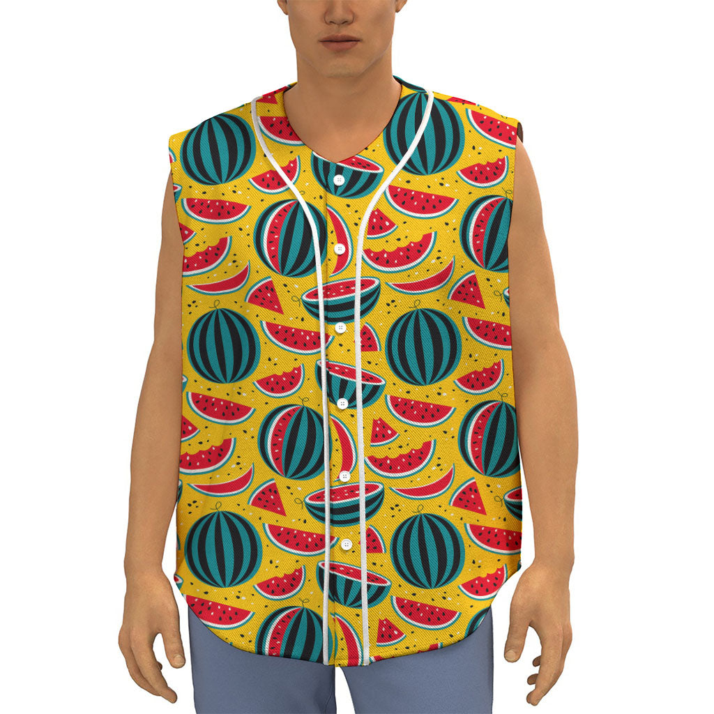 Yellow Watermelon Pieces Pattern Print Sleeveless Baseball Jersey