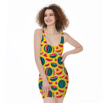 Yellow Watermelon Pieces Pattern Print Sleeveless Bodycon Dress