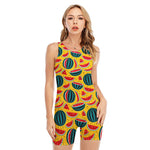 Yellow Watermelon Pieces Pattern Print Sleeveless One Piece Swimsuit