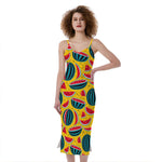 Yellow Watermelon Pieces Pattern Print Slim Fit Midi Cami Dress