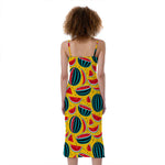 Yellow Watermelon Pieces Pattern Print Slim Fit Midi Cami Dress