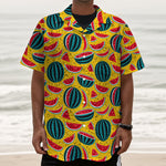 Yellow Watermelon Pieces Pattern Print Textured Short Sleeve Shirt