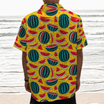 Yellow Watermelon Pieces Pattern Print Textured Short Sleeve Shirt