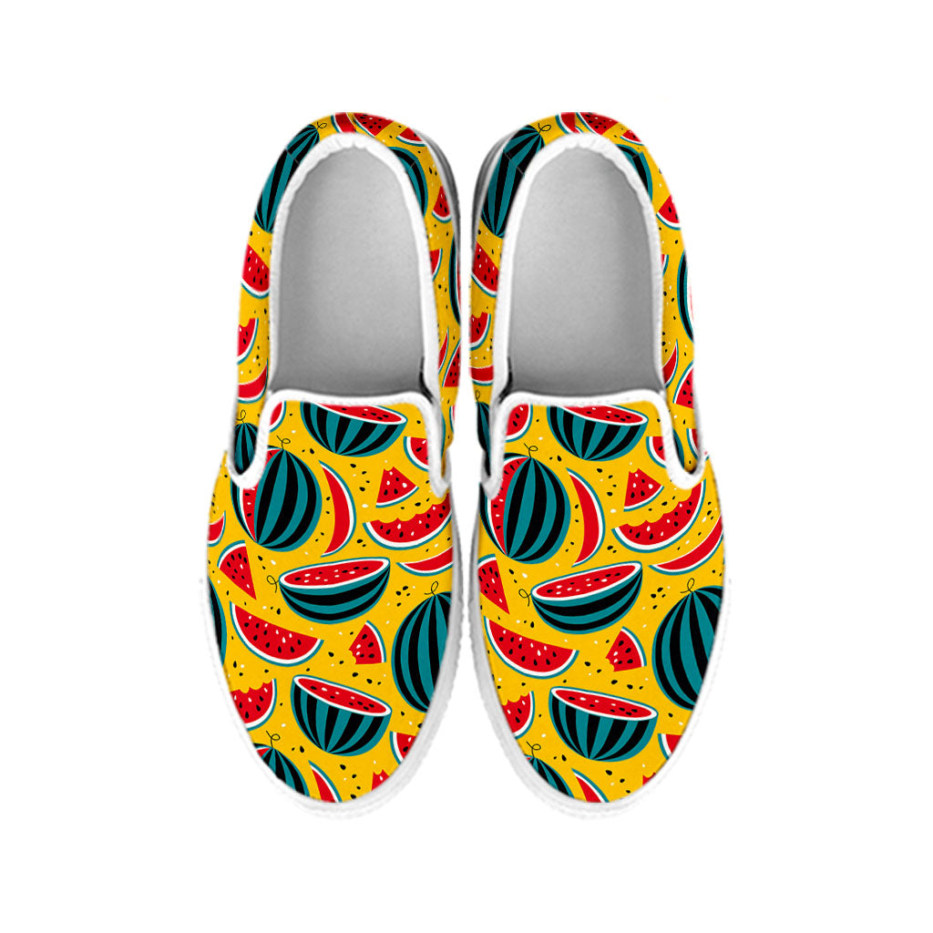 Yellow Watermelon Pieces Pattern Print White Slip On Sneakers