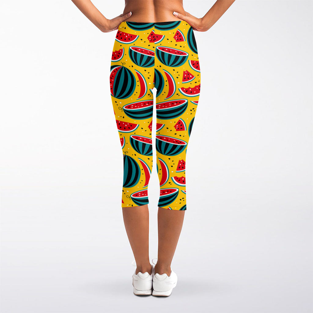 Yellow Watermelon Pieces Pattern Print Women's Capri Leggings