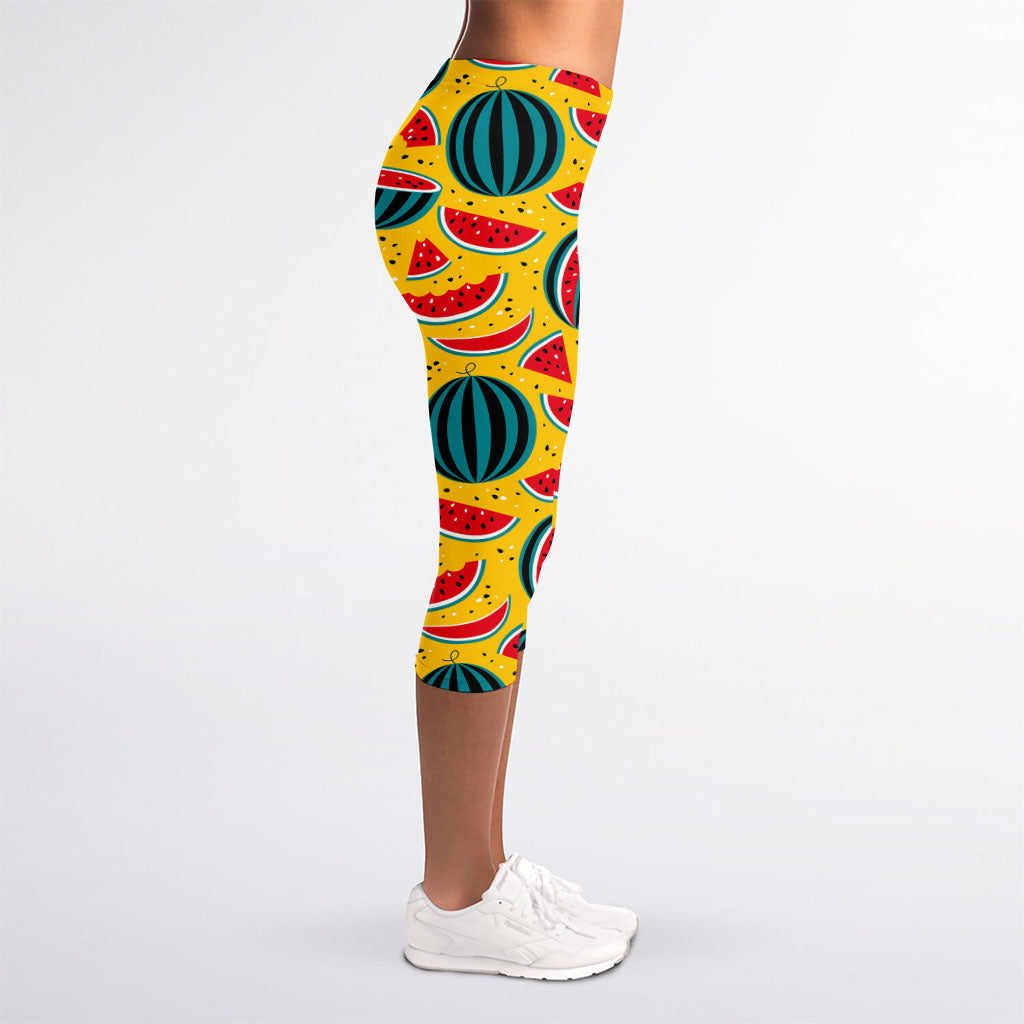 Yellow Watermelon Pieces Pattern Print Women's Capri Leggings