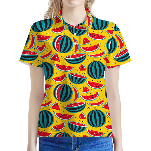 Yellow Watermelon Pieces Pattern Print Women's Polo Shirt