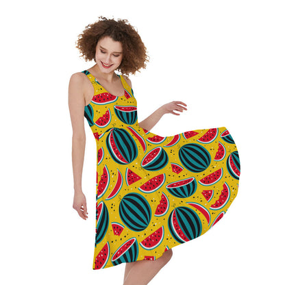 Yellow Watermelon Pieces Pattern Print Women's Sleeveless Dress