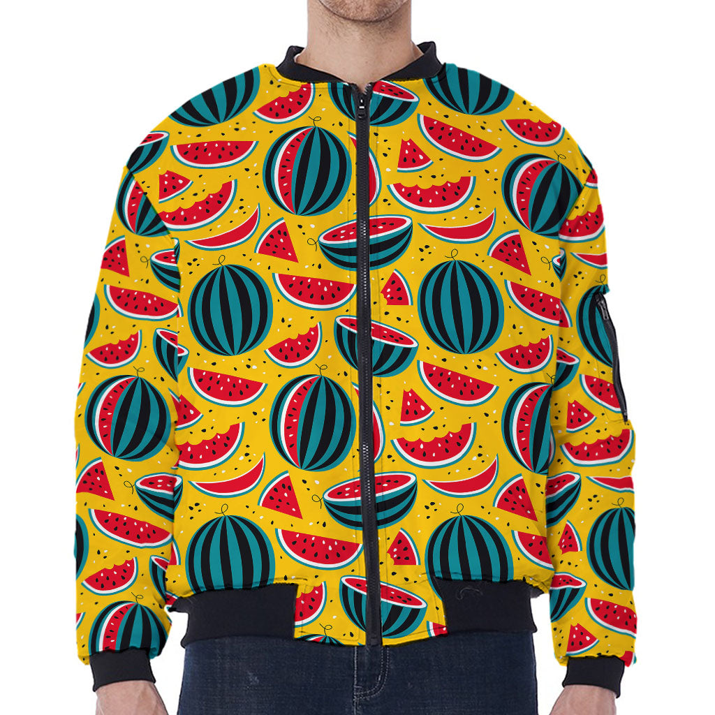 Yellow Watermelon Pieces Pattern Print Zip Sleeve Bomber Jacket