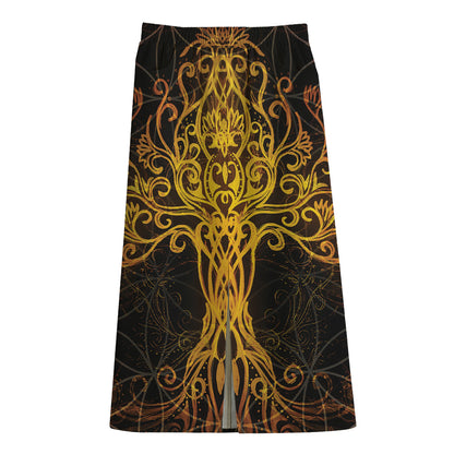 Yggdrasil Tree Of Life Print Cotton Front Slit Maxi Skirt