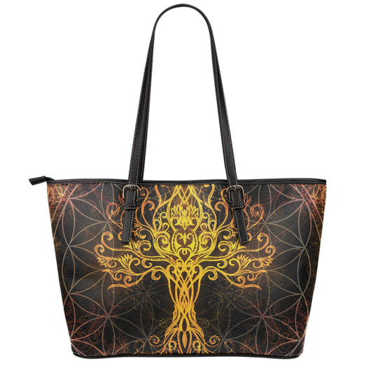 Yggdrasil Tree Of Life Print Leather Tote Bag