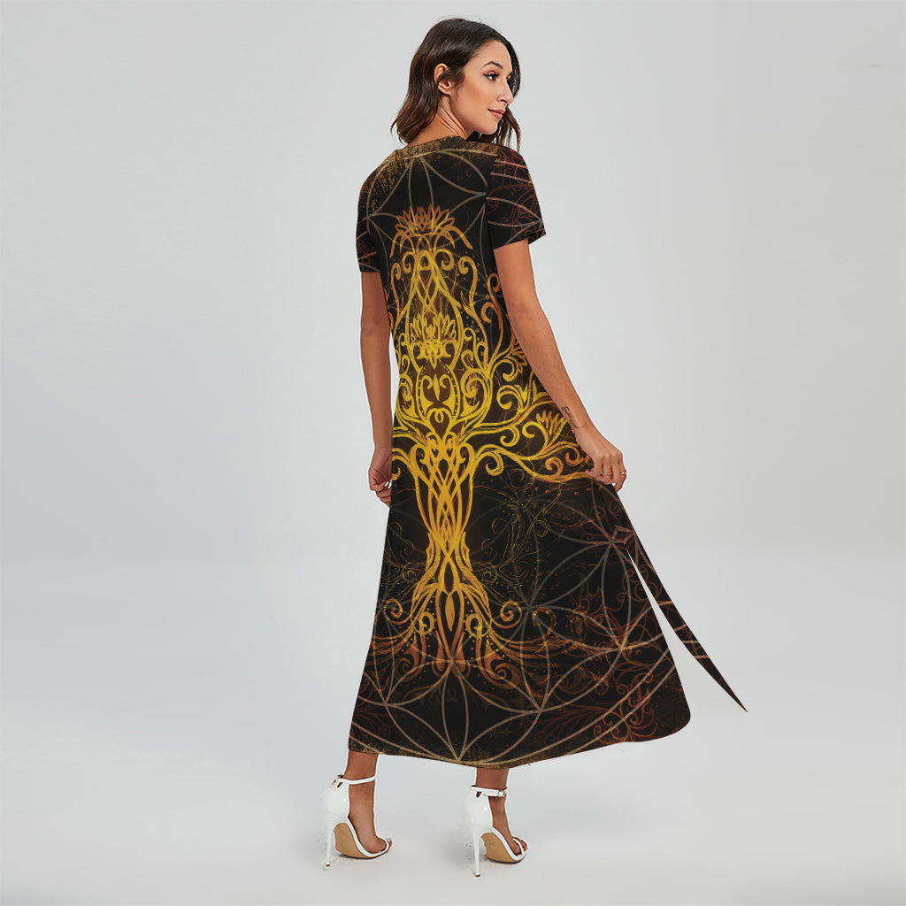 Yggdrasil Tree of Life Print Short Sleeve Maxi Dress