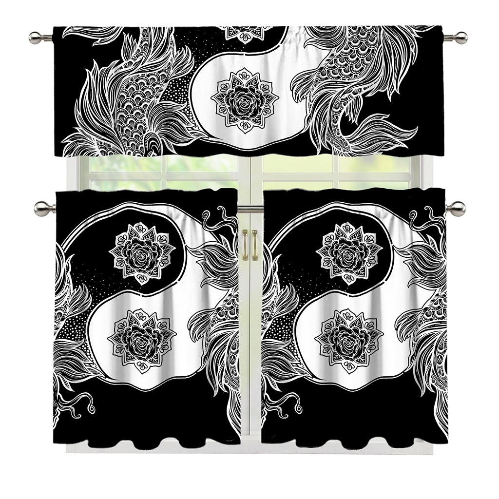 Yin And Yang Koi Carp Fish Print 3 Piece Kitchen Curtains