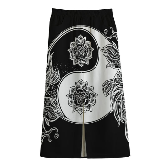 Yin And Yang Koi Carp Fish Print Cotton Front Slit Maxi Skirt