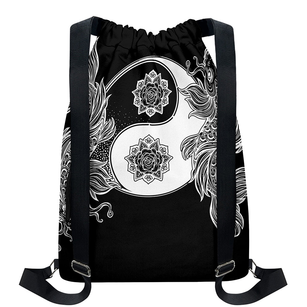 Yin And Yang Koi Carp Fish Print Drawstring Backpack