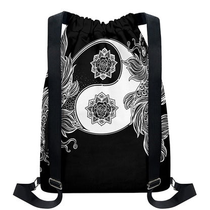 Yin And Yang Koi Carp Fish Print Drawstring Backpack